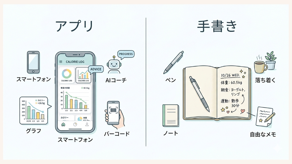 レコーディングダイエット：アプリと手書きどっちが良い？
